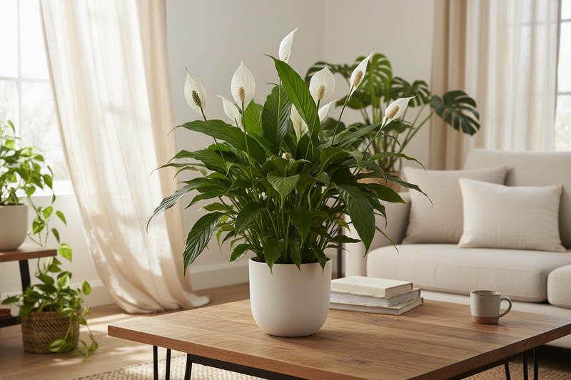 A high-resolution realistic indoor lifestyle scene featuring a lush Peace Lily (Spathiphyllum) plant with multiple white blooms in a stylish off-white ceramic pot. The plant is placed on a wooden coffee table in a bright, cozy living room with natural light streaming through a nearby window. The background features soft neutral decor, light curtains, and other blurred indoor plants, creating a calm, fresh atmosphere.