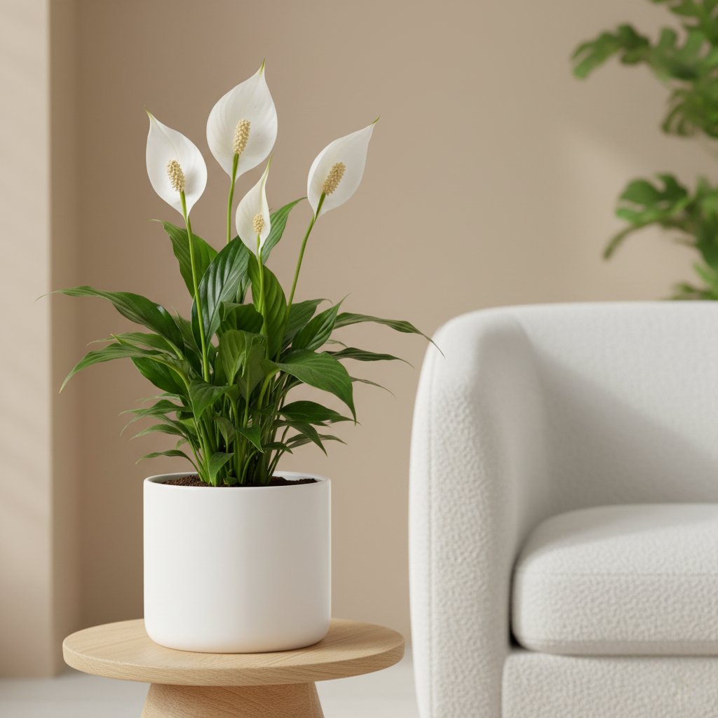 Peace Lily plant in white ceramic pot on oak wood stand – elegant air-purifying indoor houseplant by All About Planties