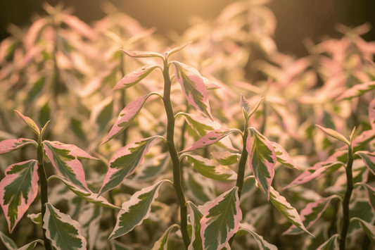 Close-up of Variegated Devil's Backbone plant with pink-edged variegated leaves illuminated by warm light