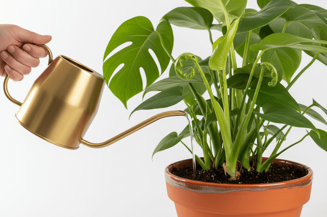 Hand watering houseplant with new spring growth in orange pot against white background