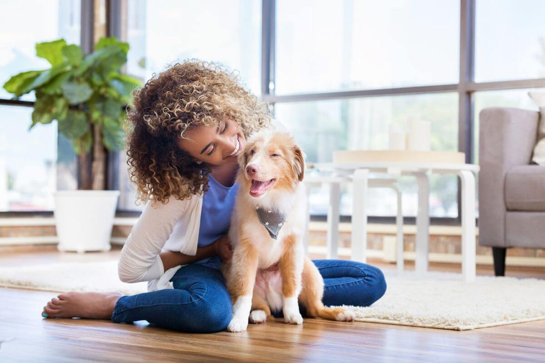 Woman sitting on the floor with her dog in a room with houseplants