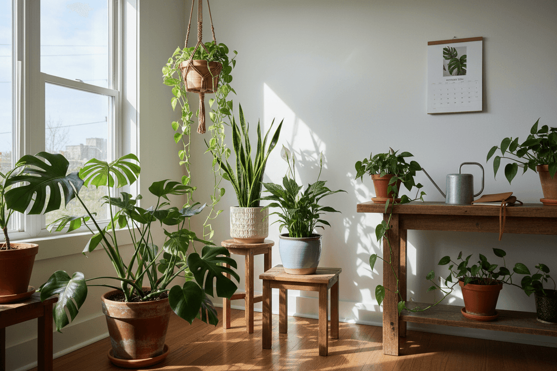 Indoor houseplant collection with monstera, pothos, and snake plant near window showing year-round seasonal care