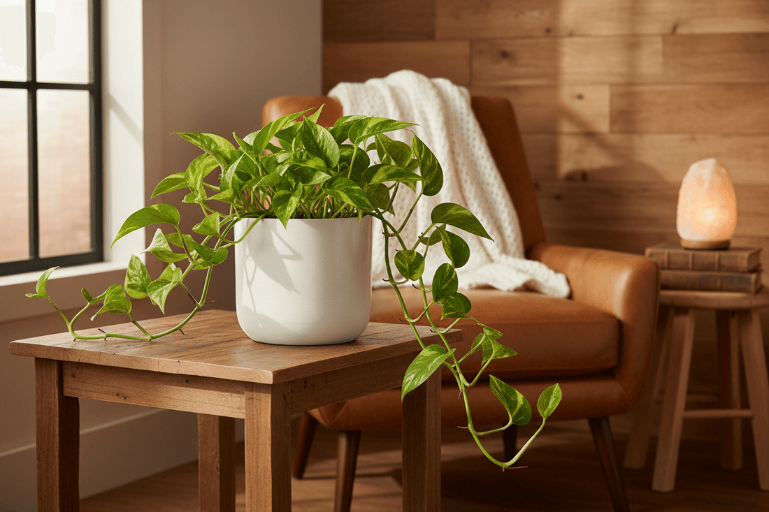 Elegant Golden Pothos Plant in a white pot on table wood in a cozy space
