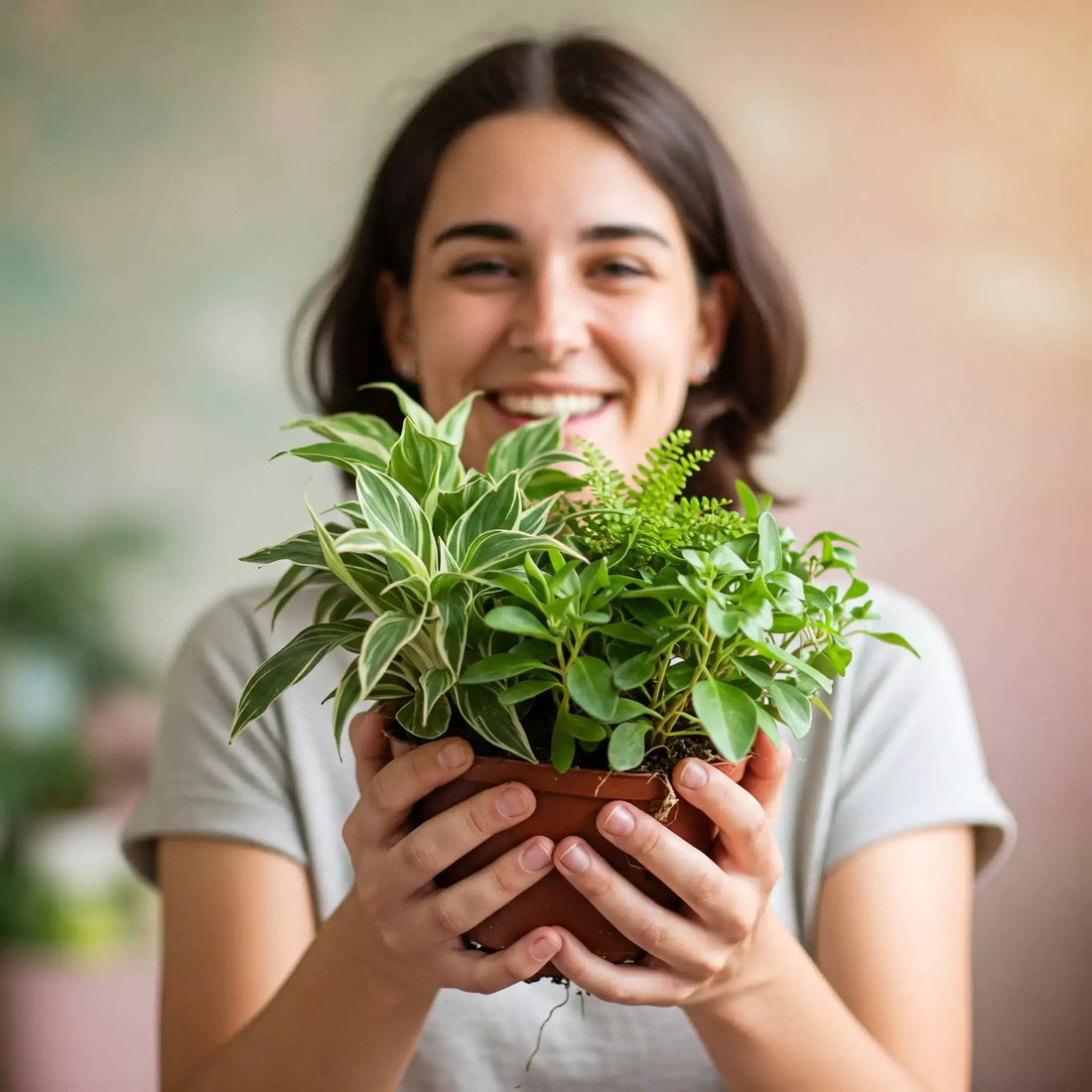 Woman smiling holding a small houseplant potted