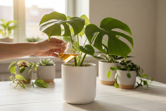 Hands pouring liquid fertilizer into a white ceramic pot with a Monstera houseplant on a bright indoor table