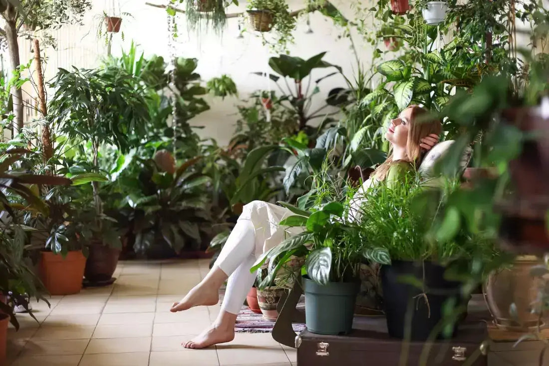 A woman relaxing among various plants in a home setting, showcasing trending houseplants 2025.