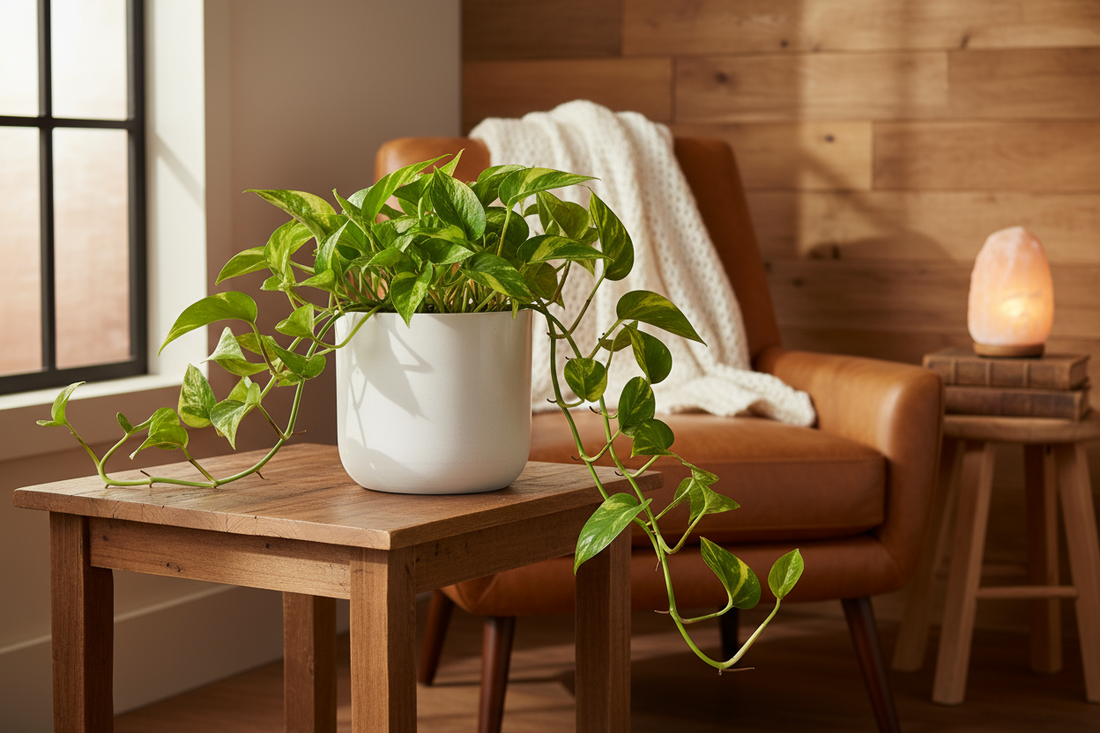 Elegant Golden Pothos Plant in a white pot on table wood in a cozy space
