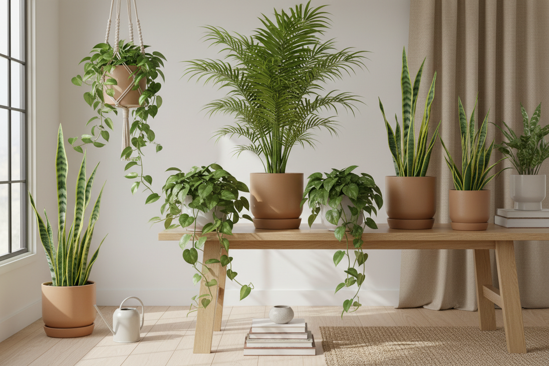 Healthy indoor houseplants including Parlor Palm, Pothos, and Snake Plant styled on a light oak surface with soft natural light — All About Planties