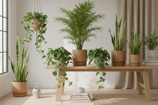 Healthy indoor houseplants including Parlor Palm, Pothos, and Snake Plant styled on a light oak surface with soft natural light — All About Planties