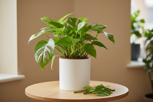 Freshly pruned Pothos houseplant in white ceramic pot after spring pruning – clean cuts and healthy green leaves