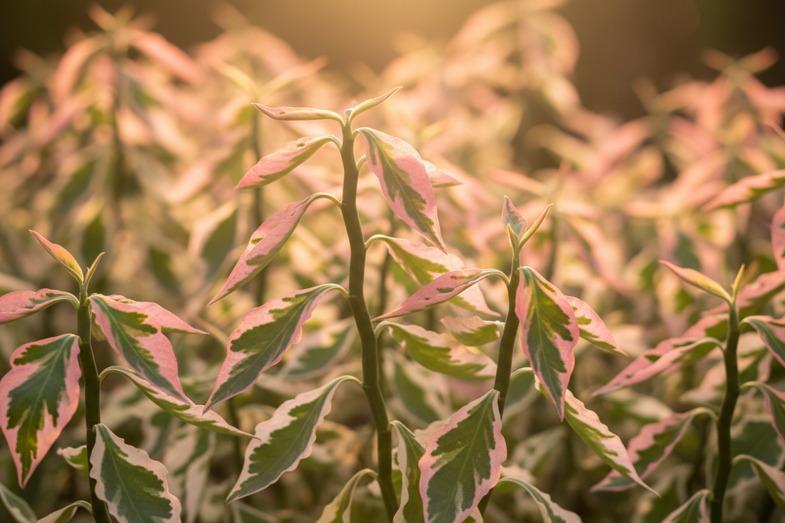 Close-up of Variegated Devil's Backbone plant with pink-edged variegated leaves illuminated by warm light