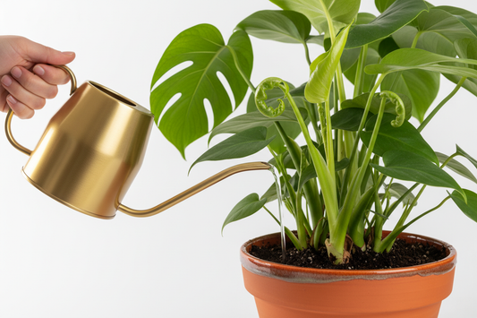 Hand watering houseplant with new spring growth in orange pot against white background
