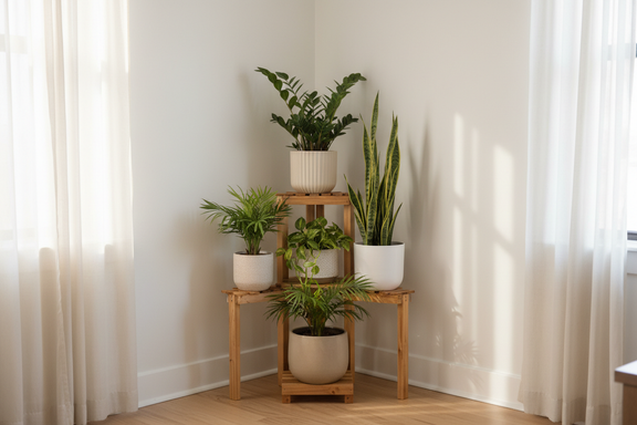 Four low light houseplants on wooden corner plant stand in decorative pots for apartment plant corner