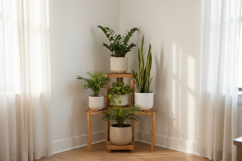 Four low light houseplants on wooden corner plant stand in decorative pots for apartment plant corner