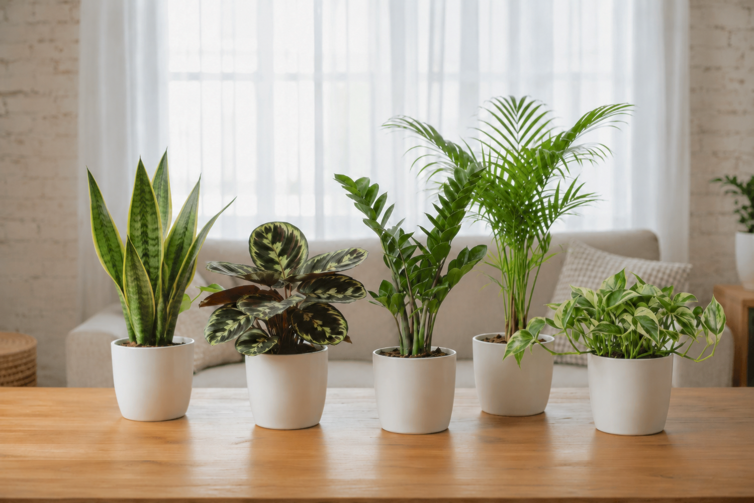 Collection of 5 houseplants, including a Snake Plant, Calathea, ZZ Plant, Parlor Palm and a Pothos Njoy, all fo them in white decorative pots on a wood table in a cozy space
