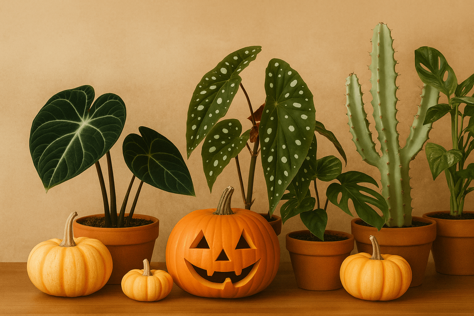 Indoor fall display with houseplants in terracotta pots, including Alocasia, Begonia, Monstera, and Euphorbia, arranged with pumpkins and a jack-o’-lantern on a wooden surface.