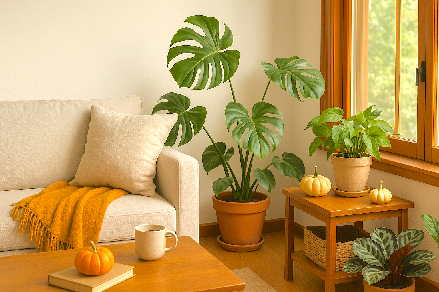 Living room with a couch, coffee table, and plants near a window.