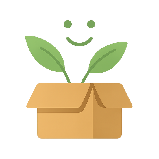 Illustration of a cardboard box with green sprouts emerging, resembling a face.
