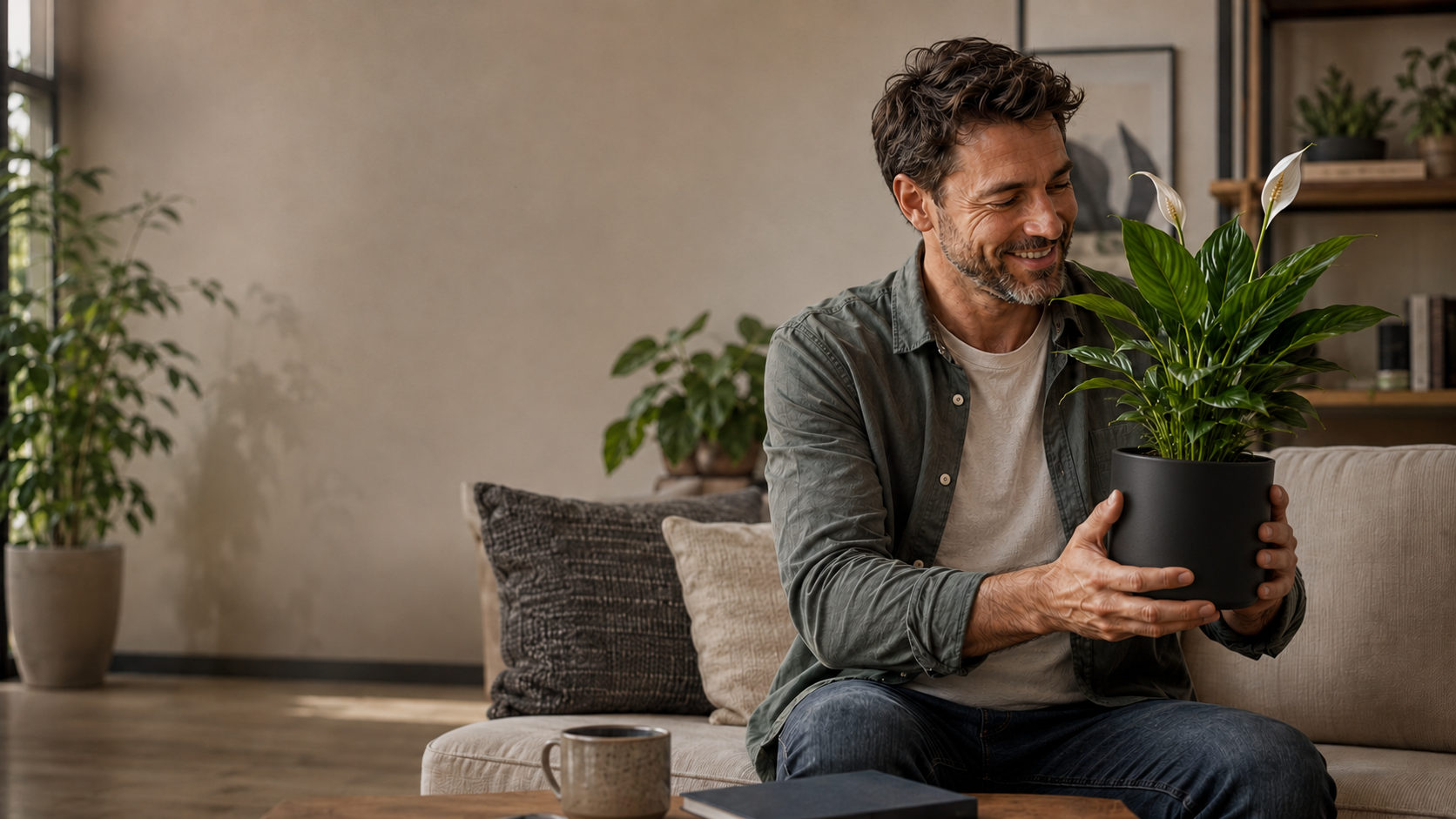 Man holding a potted Peace Lily plant in a living room setting for the Father's Day Plant Collection at All About Plantiies
