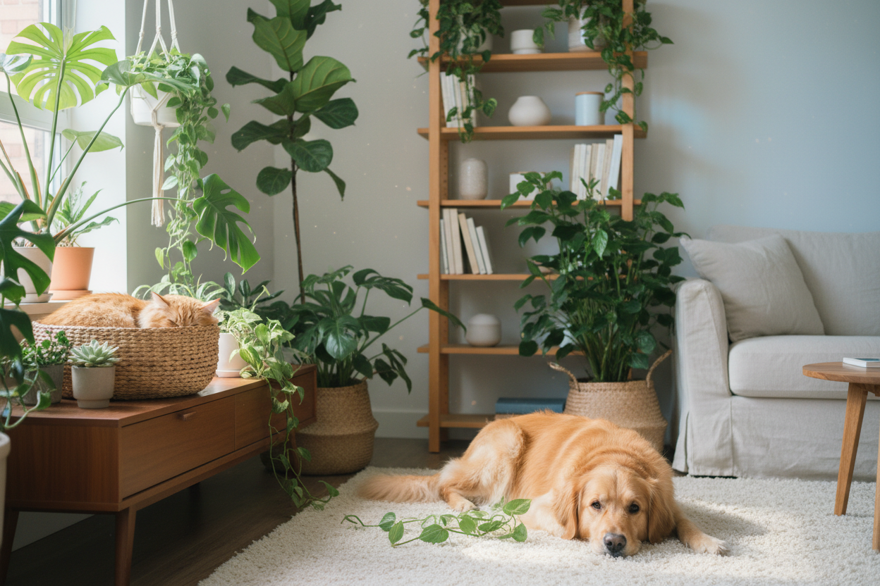 Friendly dog sitting beside lush indoor houseplants in a bright, modern home interior