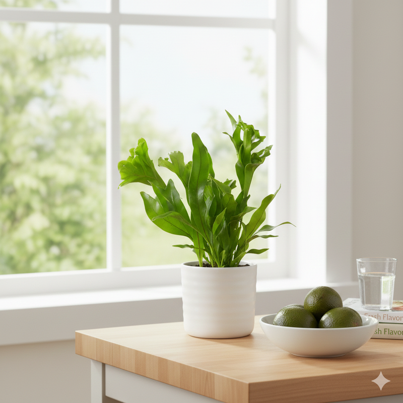 Potted Green Flame Fern Houseplant on a wooden table with a window in the background by All About Planties