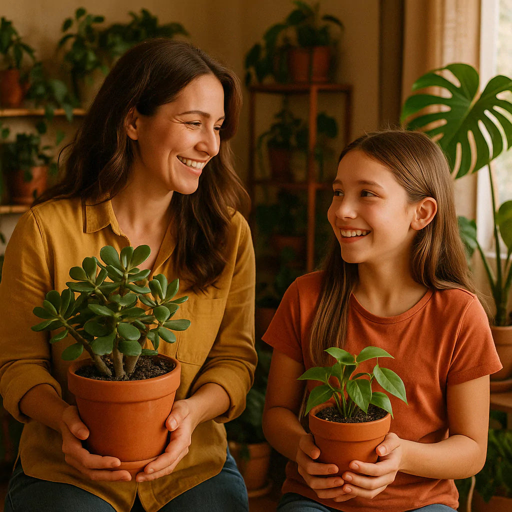 Mom and Daughter smiling and sharing plants in a cozy living room | All About Planties