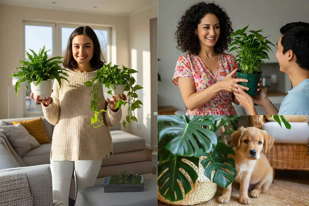 Woman holding two houseplants | Woman and Boy sharing a plant | Doggie next to Monstera Plant