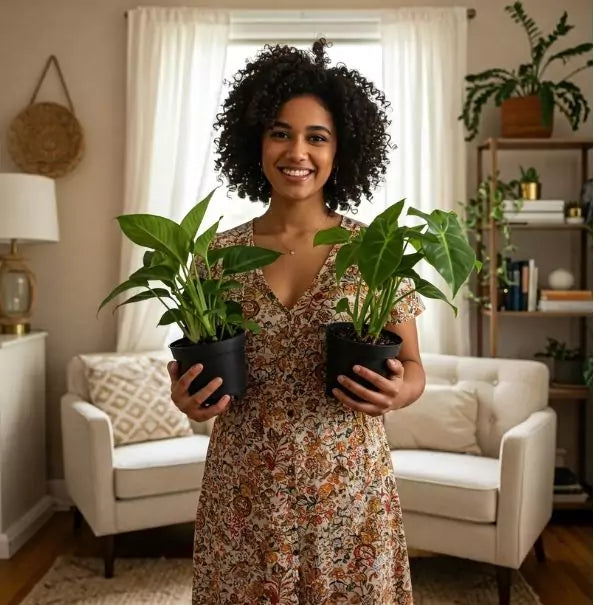 Happy woman holding two plants in a cozy living room