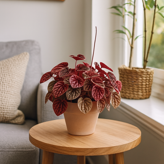 Potted Peperomia Quito plant on a wooden table with a couch and window in the background