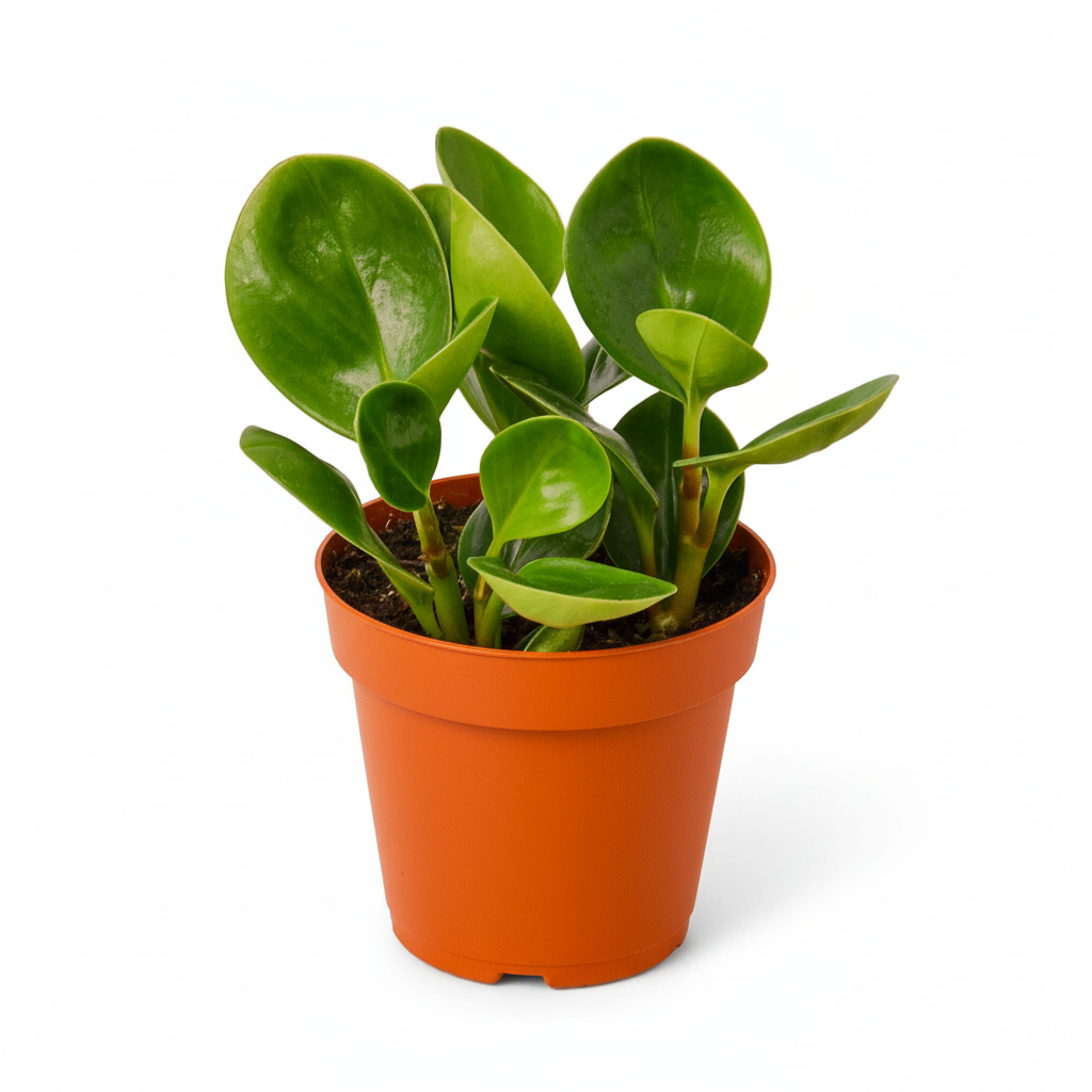 Peperomia Thailand obtusifolia plant with glossy green round leaves in bright orange nursery pot on white background