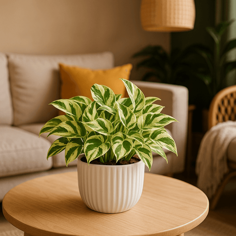 Pothos ‘Marble Queen’ (Epipremnum aureum) in a white ribbed ceramic pot on a light wooden coffee table in a cozy living room with warm tones, natural sunlight, and elegant décor.