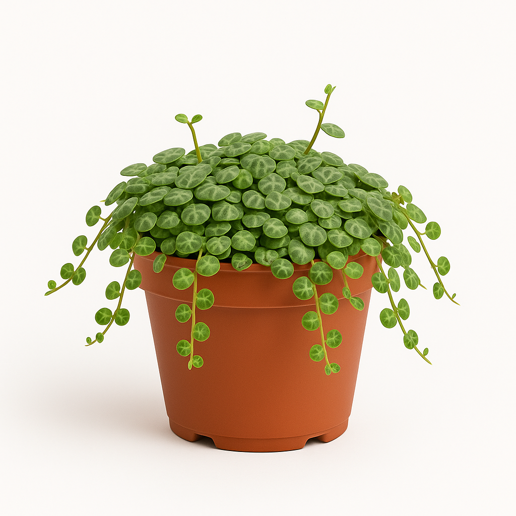 Potted String of Turtles plant on a white background