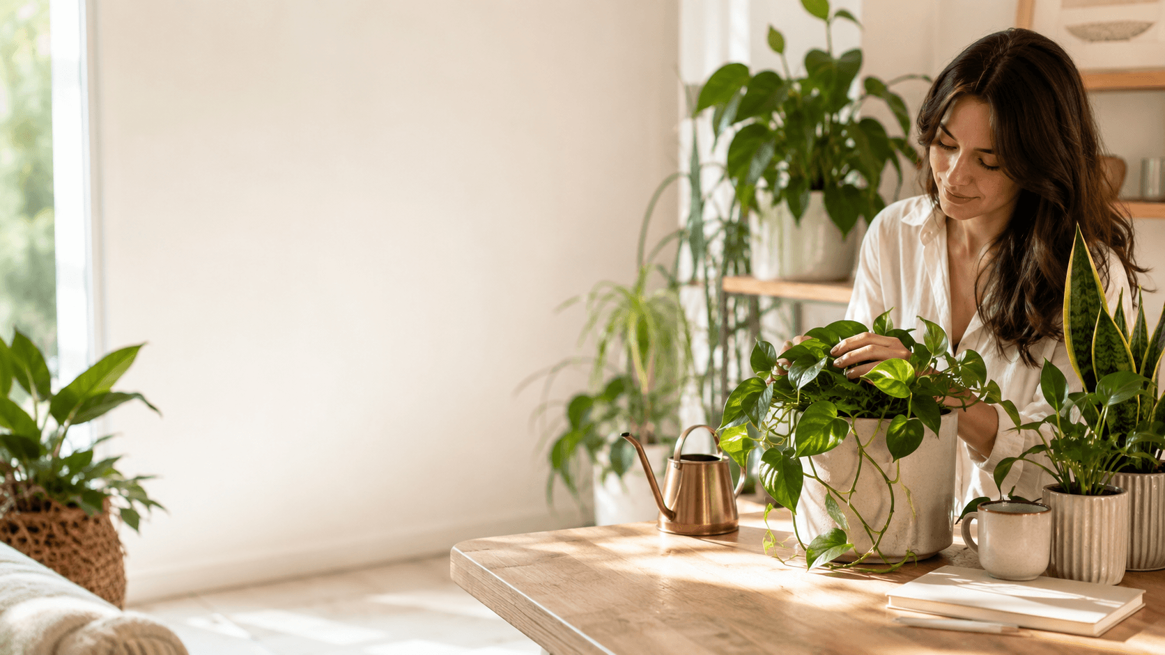 Woman tending to indoor plants in a bright room with large windows by All About Planties