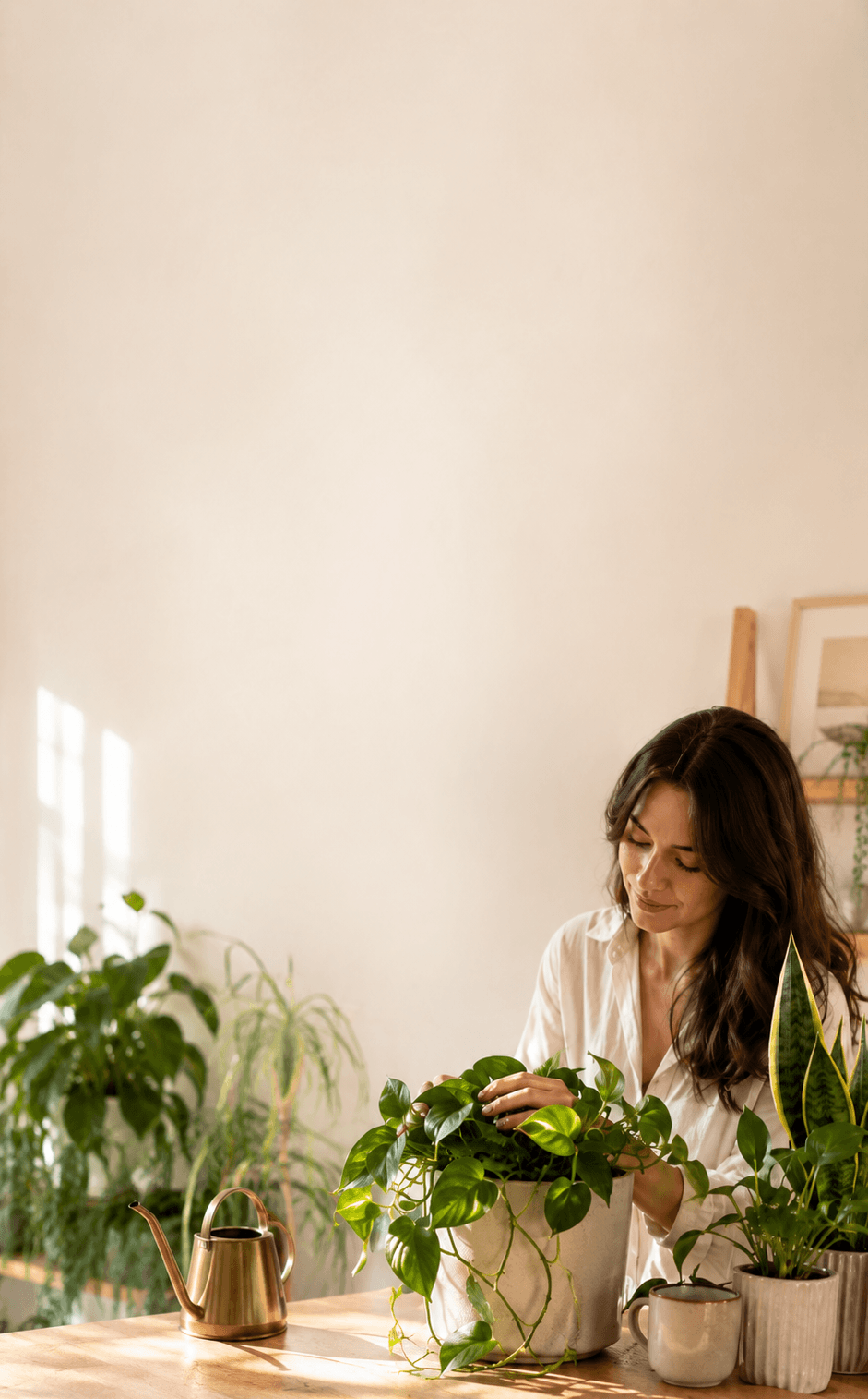 Woman tending to indoor plants in a bright room