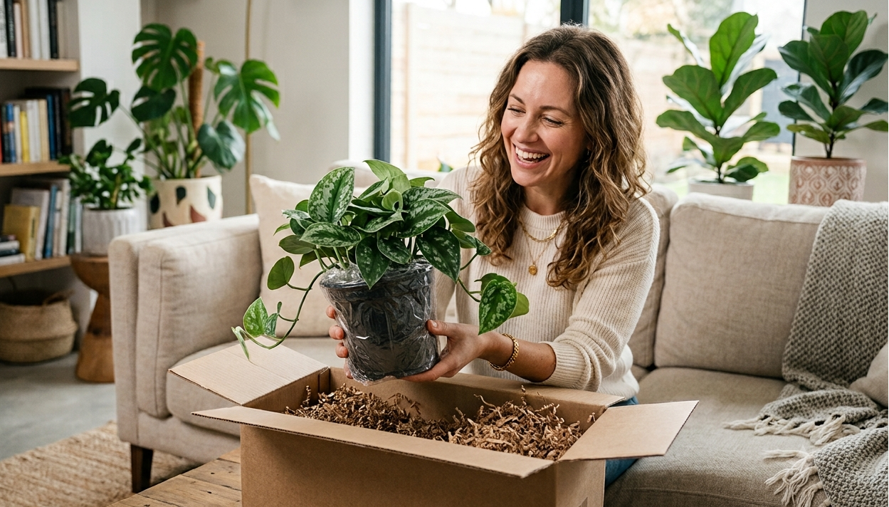 Woman unboxing a potted plant in a living room with books and plants on shelves.