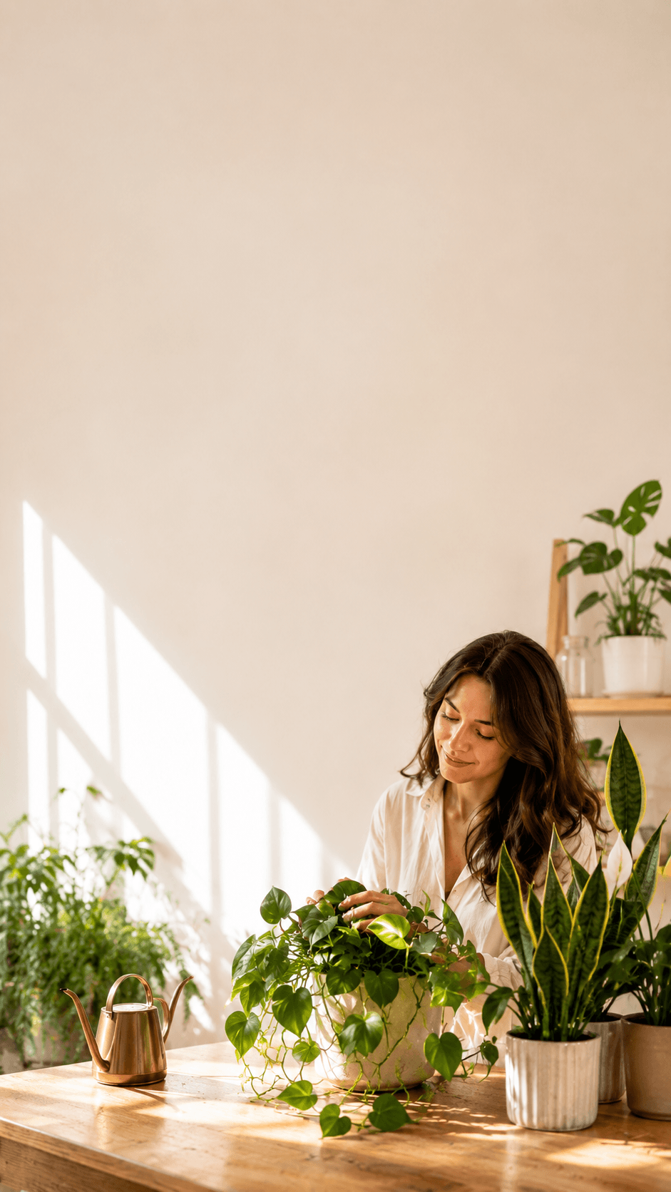 Woman reviewing an easy care houseplant with some houseplant around her