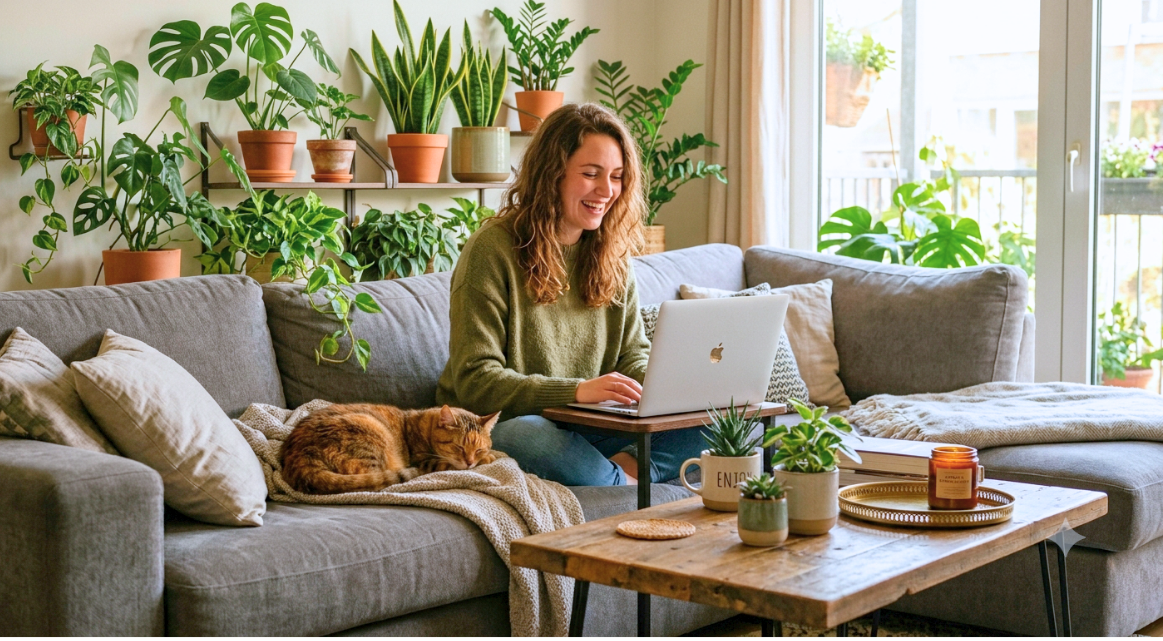 Woman using a laptop on a couch in a cozy living room with plants and a coffee table.