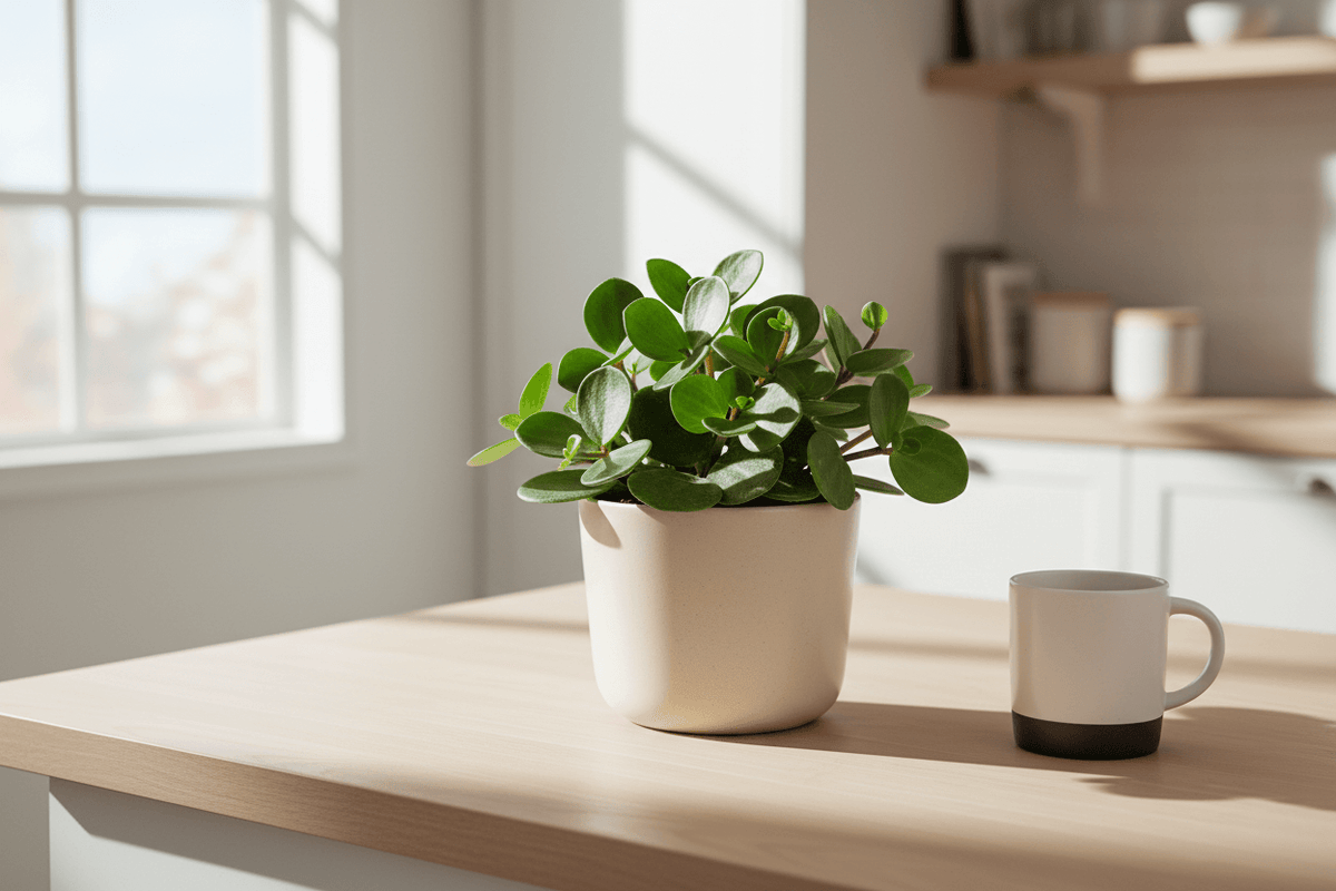 Peperomia Hope plant displayed on modern kitchen countertop with natural light