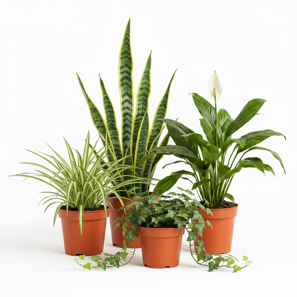 Air-purifying indoor plant bundle with Spider Plant, Snake Plant, English Ivy, and Peace Lily in orange nursery pots on white background