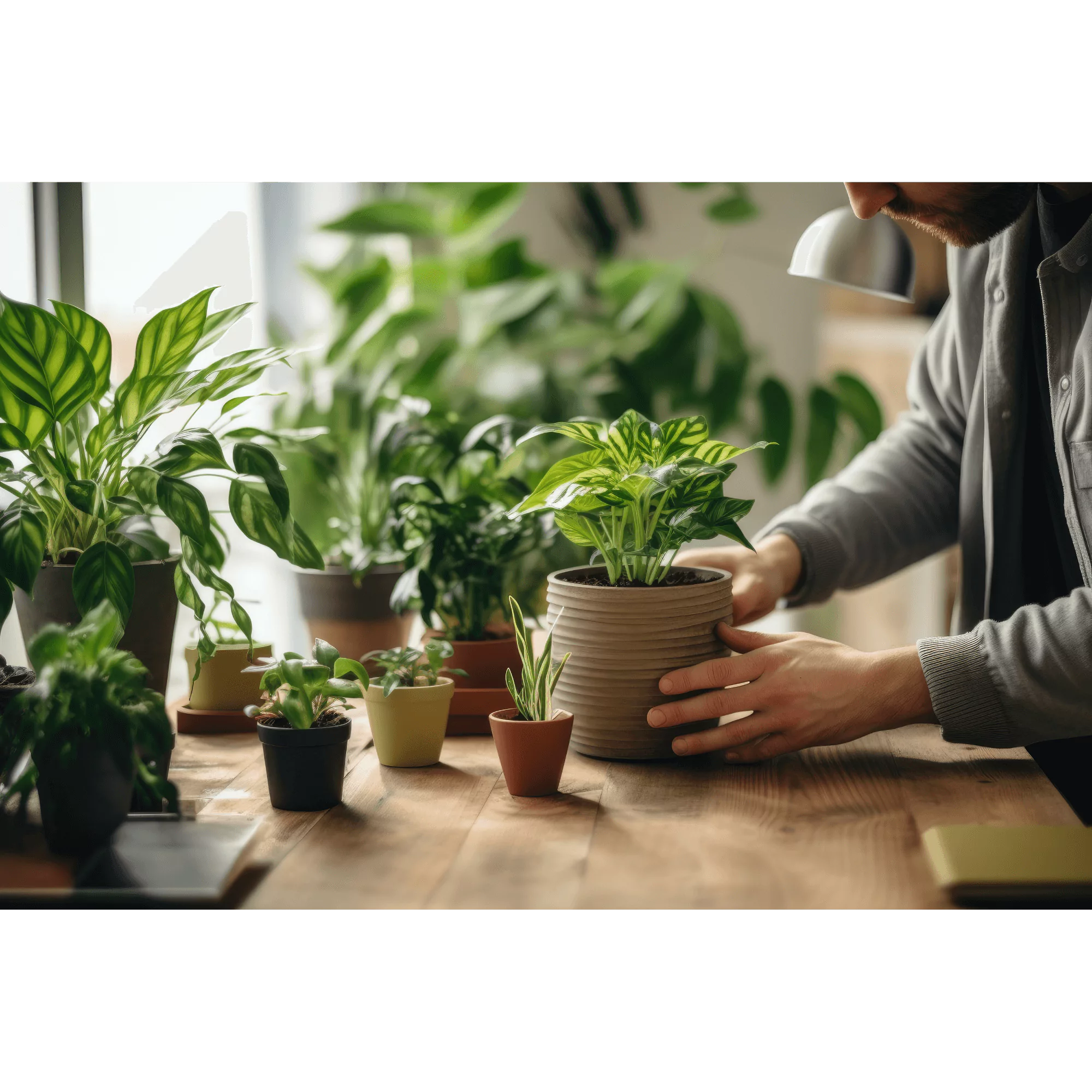 Person arranging indoor houseplants in various pots on a wooden table