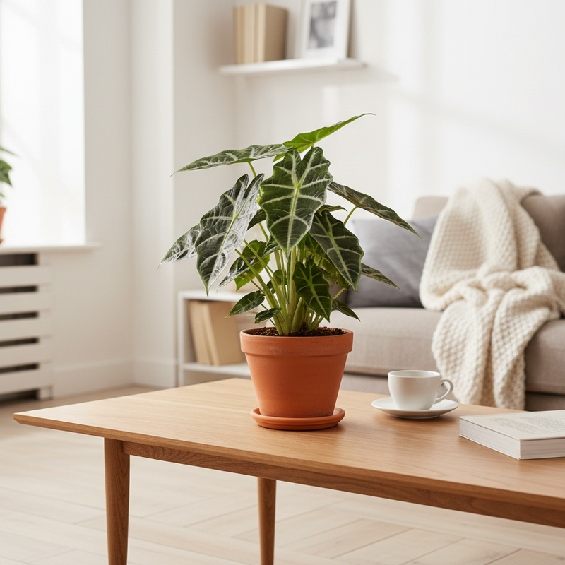 Alocasia Bambino houseplant in orange pot on side table in modern living room with natural light