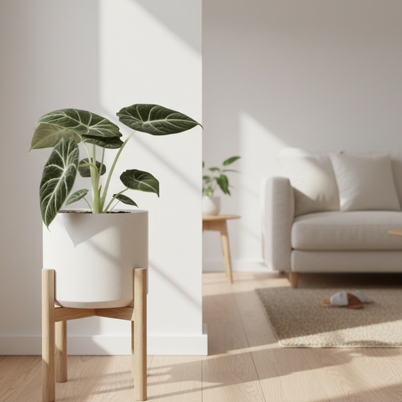 Alocasia Black Velvet in white pot living room decor - statement houseplant interior design