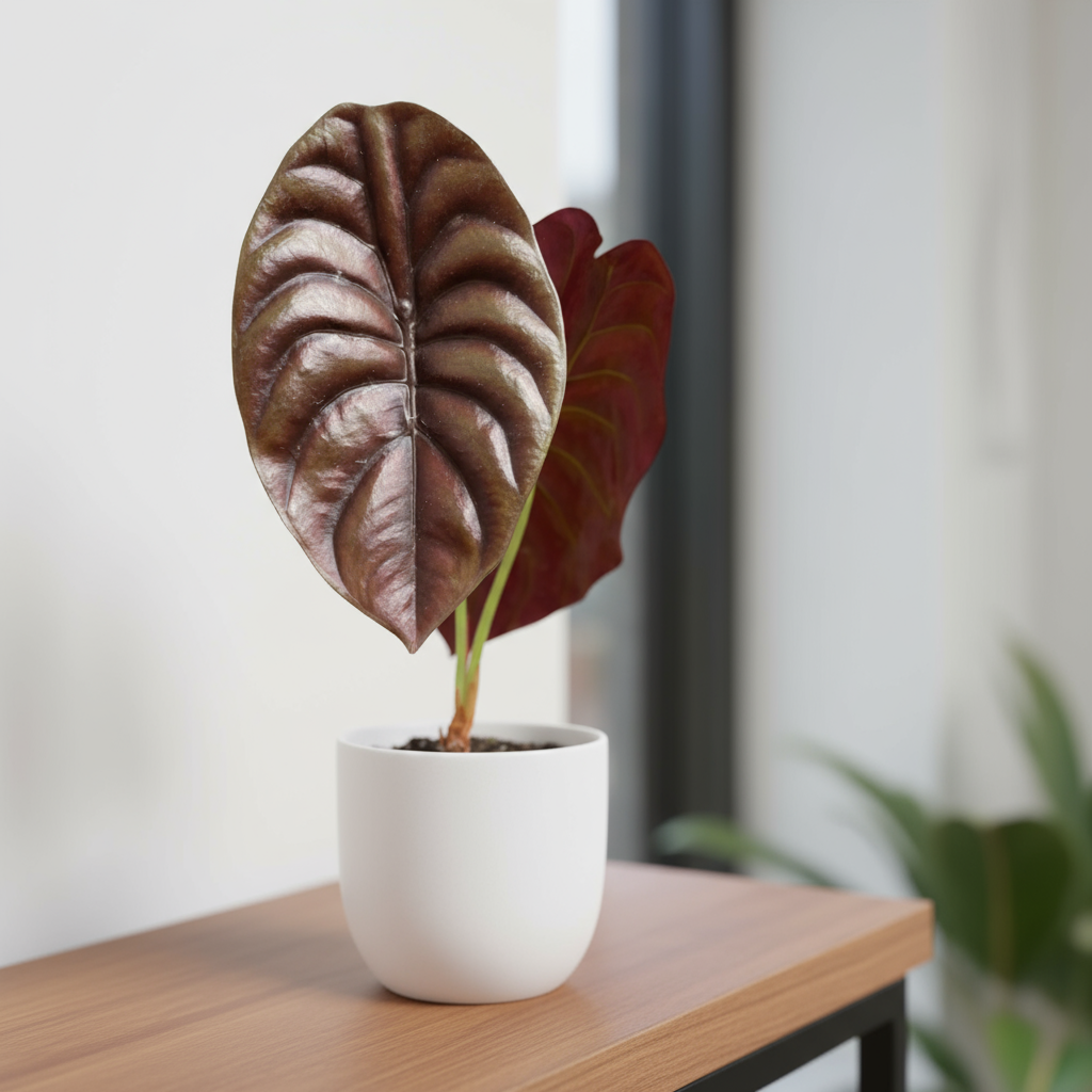 Alocasia Cuprea Red Secret poted on a wood table | available at All About Planties™.