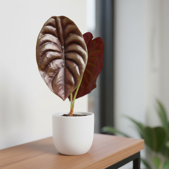 Alocasia Cuprea Red Secret poted on a wood table | available at All About Planties™.