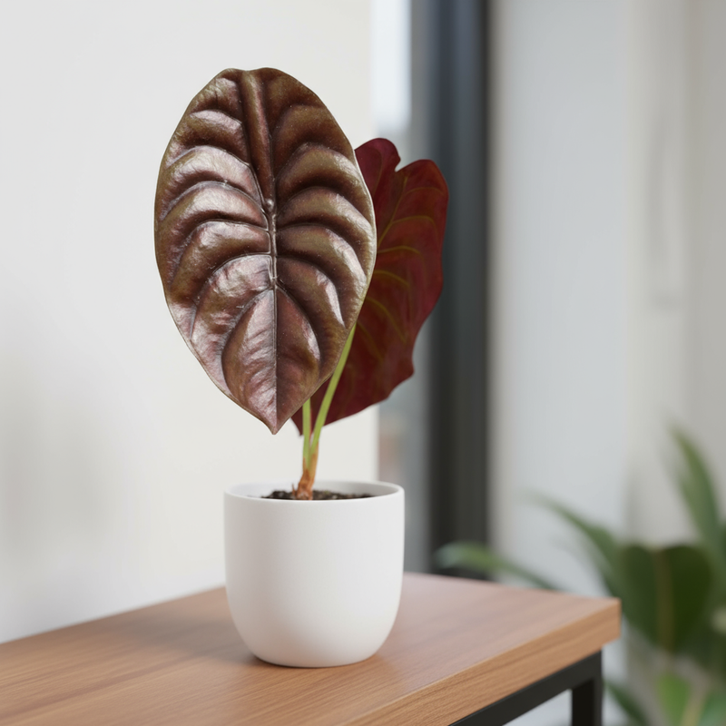 Alocasia Cuprea Red Secret poted on a wood table | available at All About Planties™.
