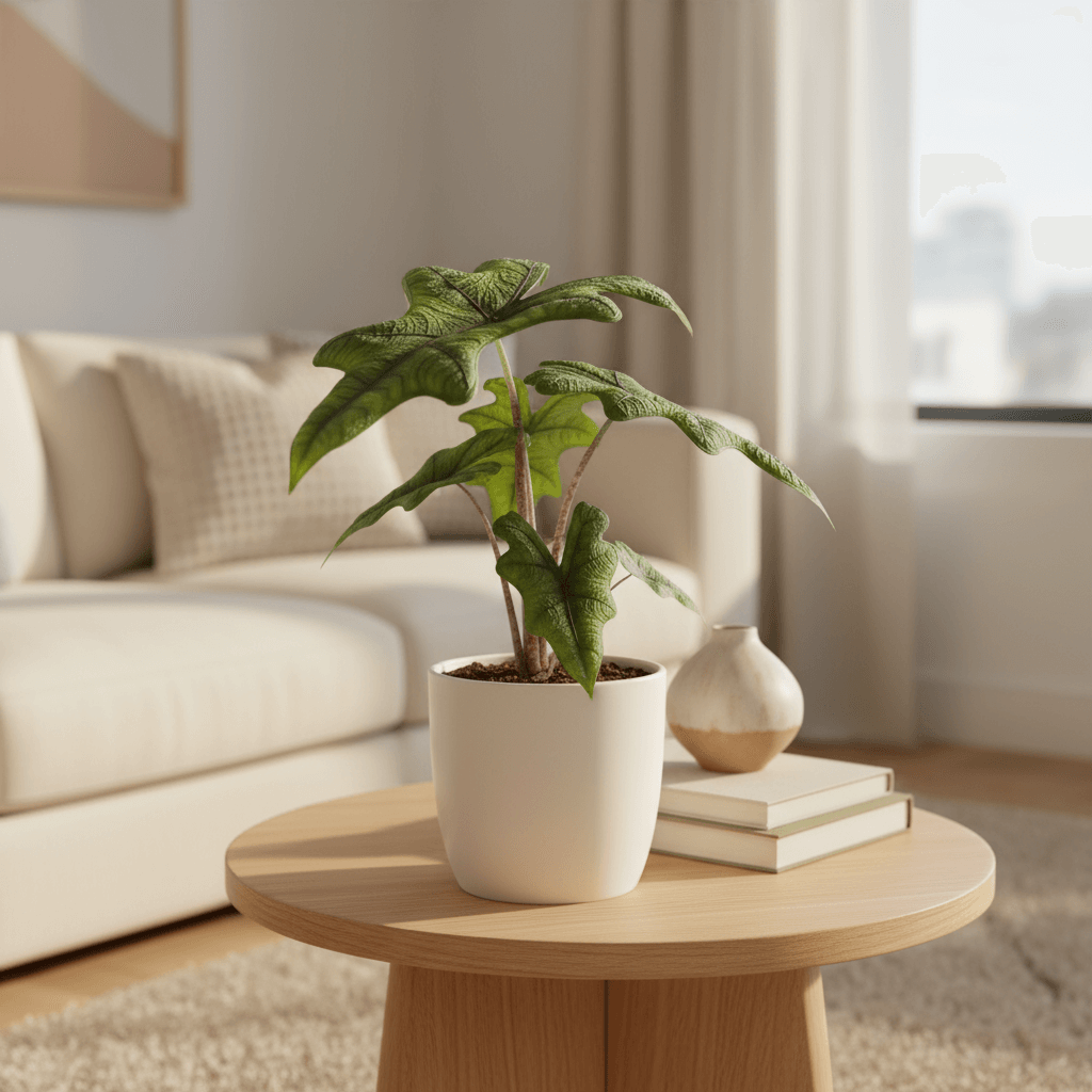 Alocasia Jacklyn in cozy living room - available at All About Planties™.