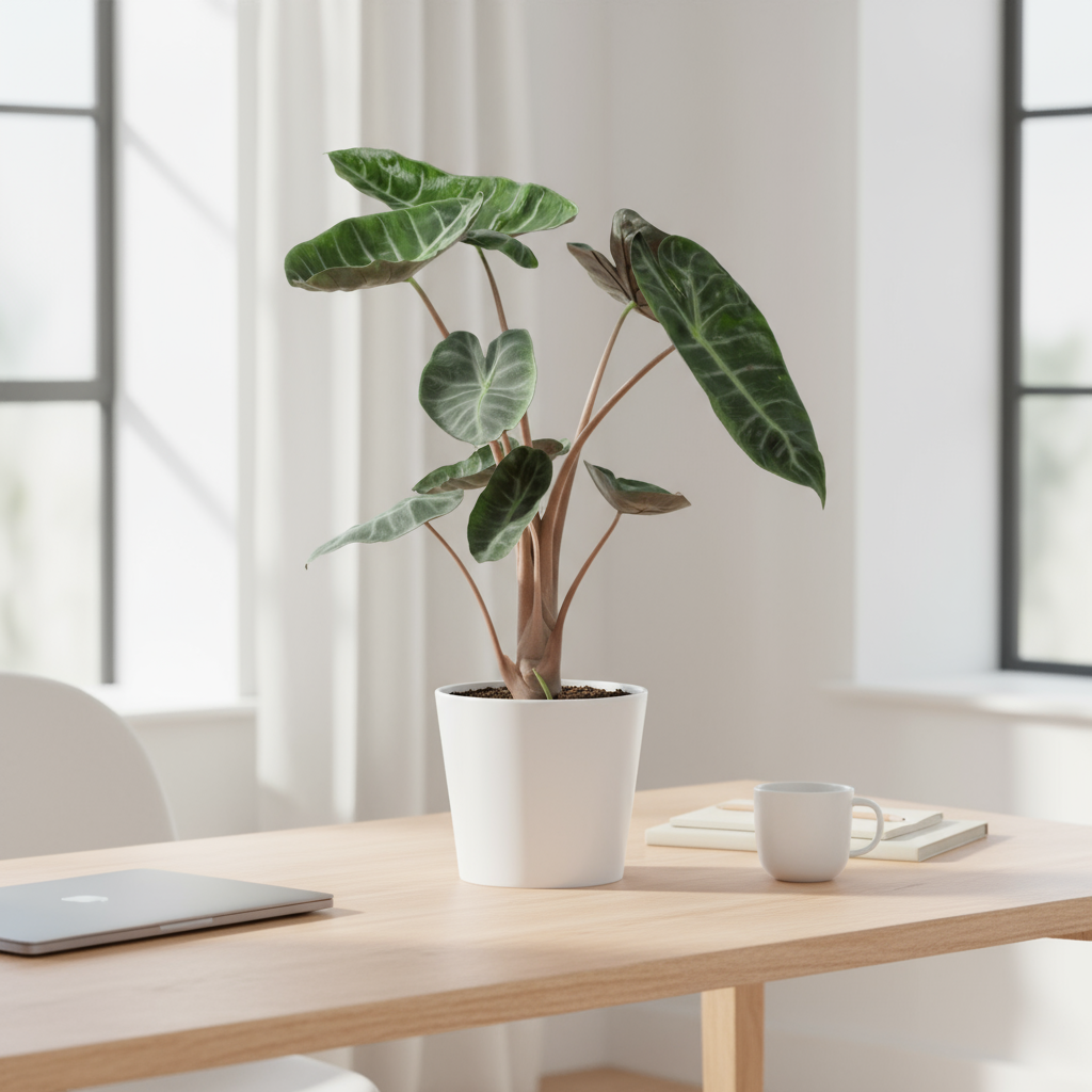 Alocasia Pink Dragon in home office setting available at All About Planties™.