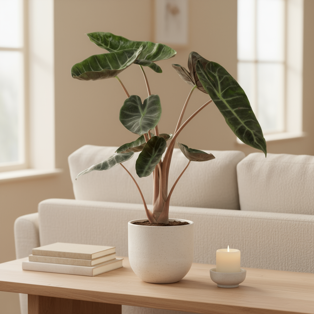 Alocasia Pink Dragon poted in a white pot in living room available at All About Planties™.