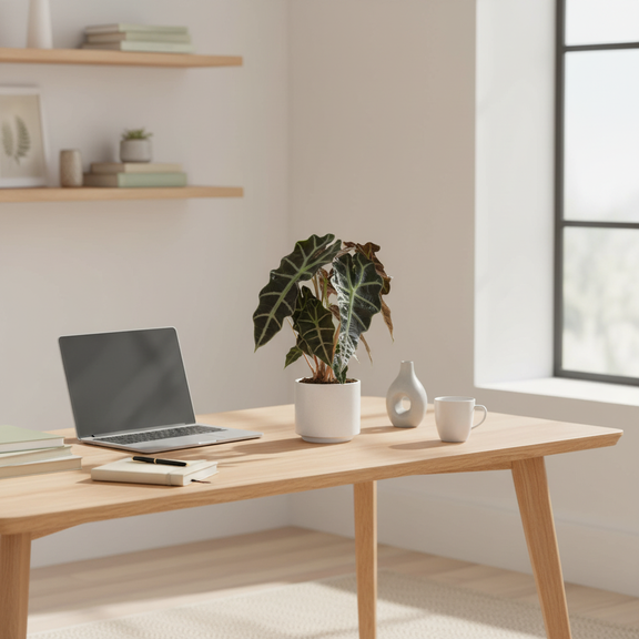 Alocasia Polly African Mask in a office desk available at All About Planties™.