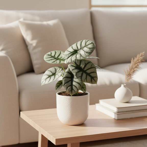 Alocasia Silver Dragon in living room space - available at All About Planties™.